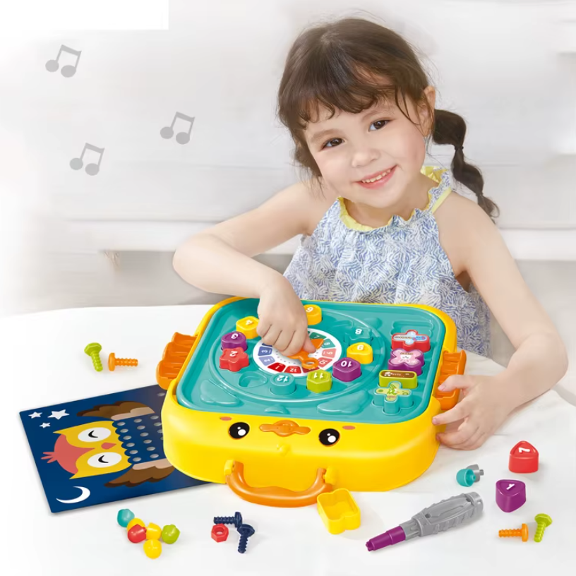 Ігровий розвивальний столик для дітей мозаїка дошка пиши стирай болтики викрутка сортер пазл годинник цифри знаки, фото 1