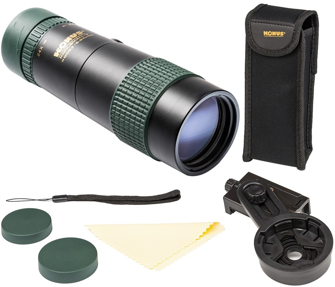 Konus Konusmall-3 | Компактний монокуляр зі змінною кратністю (8-24х) для туризму, полювання та рибалки з адаптером для смартфону