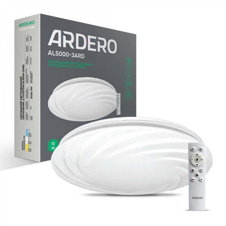Накладна світлодіодна люстра Ardero AL5000-3 ARD SUNLIGHT 72W біла 2700-6500К 5040Lm з пультом ДУ Ø500х100мм