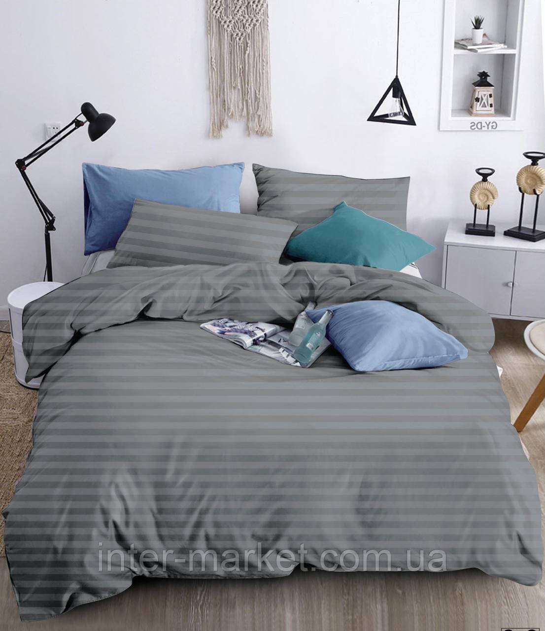Двуспальний комплект постільної білизни Страйп Сатин LUX 180*220см. з простирадлом на резинці.