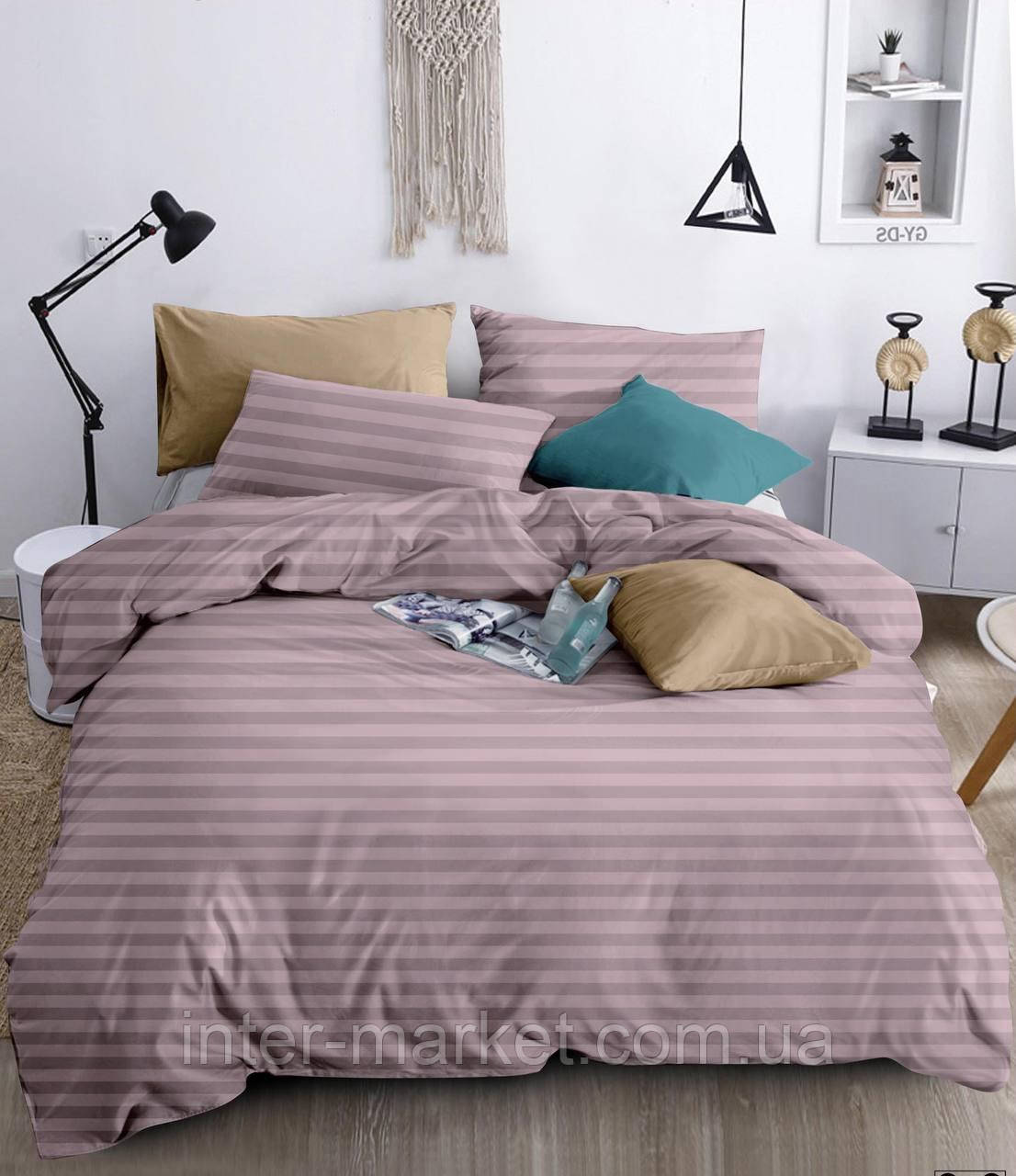 Двуспальний комплект постільної білизни Страйп Сатин LUX 180*220см. з простирадлом на резинці.
