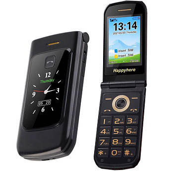 Мобільний телефон розкладачка Tkexun Happyhere F18 Black Бабушкофон для літніх з гучним динаміком Чорний