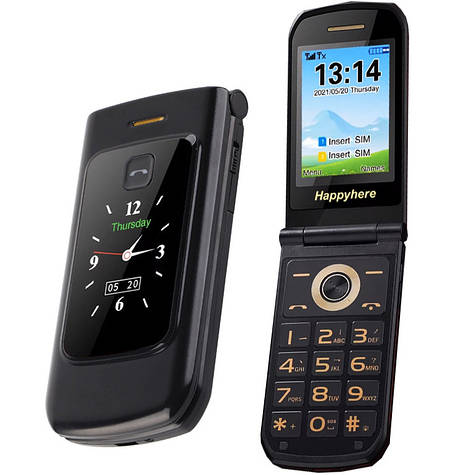 Мобільний телефон розкладачка Tkexun Happyhere F18 Black Бабушкофон для літніх з гучним динаміком Чорний