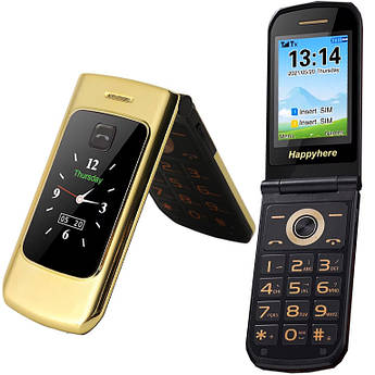 Мобільний телефон розкладачка Tkexun Happyhere F18 Gold Бабушкофон для літніх з гучним динаміком Золотистий
