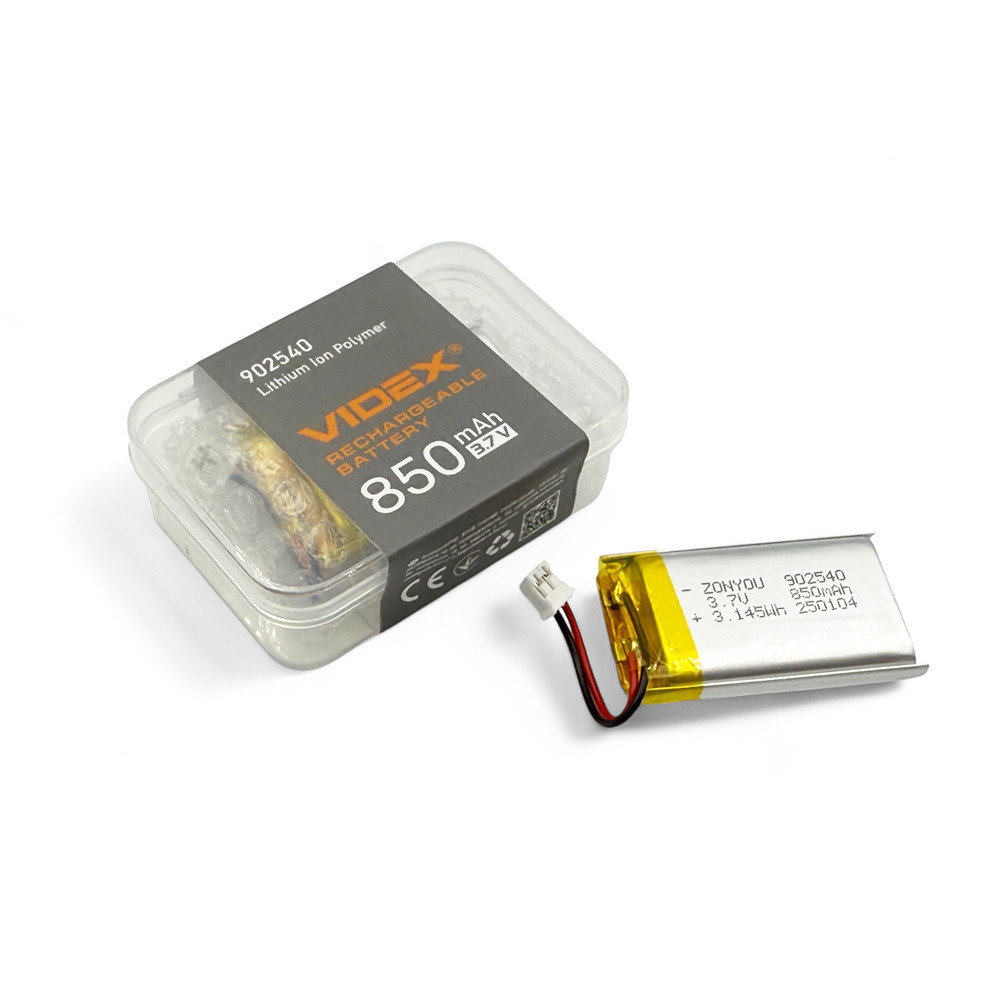 Акумулятор Li-Pol Videx VLF-B902540-85 (9x25x40мм) 850mAh (3.7v) з конектором, фото 1
