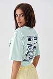 Трикотажна жіноча футболка з принтом на спині м'ятна якісна турецька футболка красива бавовна розмір М, фото 3