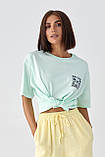 Трикотажна жіноча футболка з принтом на спині м'ятна якісна турецька футболка красива бавовна розмір М, фото 6