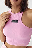 Приталений жіночий топ у рубчик рожевий трикотажний спортивний топік для фітнесу, фото 5