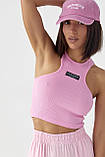 Приталений жіночий топ у рубчик рожевий трикотажний спортивний топік для фітнесу, фото 6