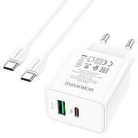 Мережевий зарядний пристрій Borofone BA67A 20W / 3A USB+Type-C зі швидкою зарядкою + кабель Type-C-Type-C White