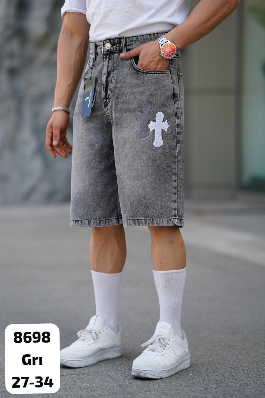 Чоловічі широкі джинсові шорти Baggy Chrome Hearts сірі бриджі Баггі з хрестами