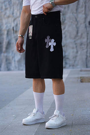 Чоловічі широкі джинсові шорти Baggy Chrome Hearts чорні бриджі Баггі з хрестами, фото 1