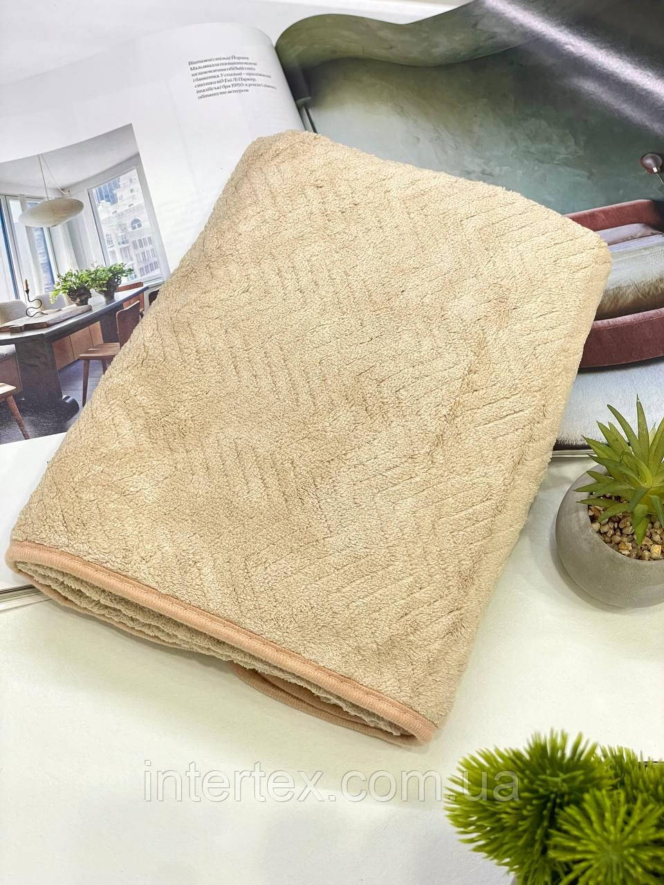 Рушник банний мікрофібра Ялинка (бежевий) 140х70 см., фото 1