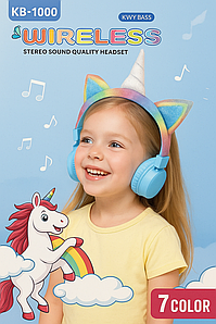 Дитячі Бездротові навушники LED UNICORN З ВУШКАМИ KB-1000 Блакитні