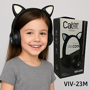 Дитячі бездротові навушники LED з котячими вушками Wireless headSet Cat ear VIV-23M Чорні
