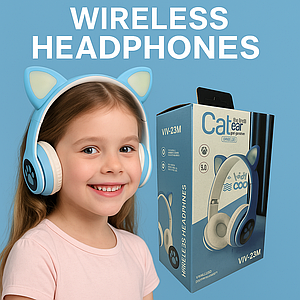 Дитячі бездротові навушники LED з котячими вушками Wireless headSet Cat ear VIV-23M Блакитні