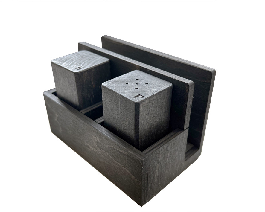 Набір спецівників з серветницею для ресторану. Дерев'яні спецівники для солі та перцю (№8) чорний структурний