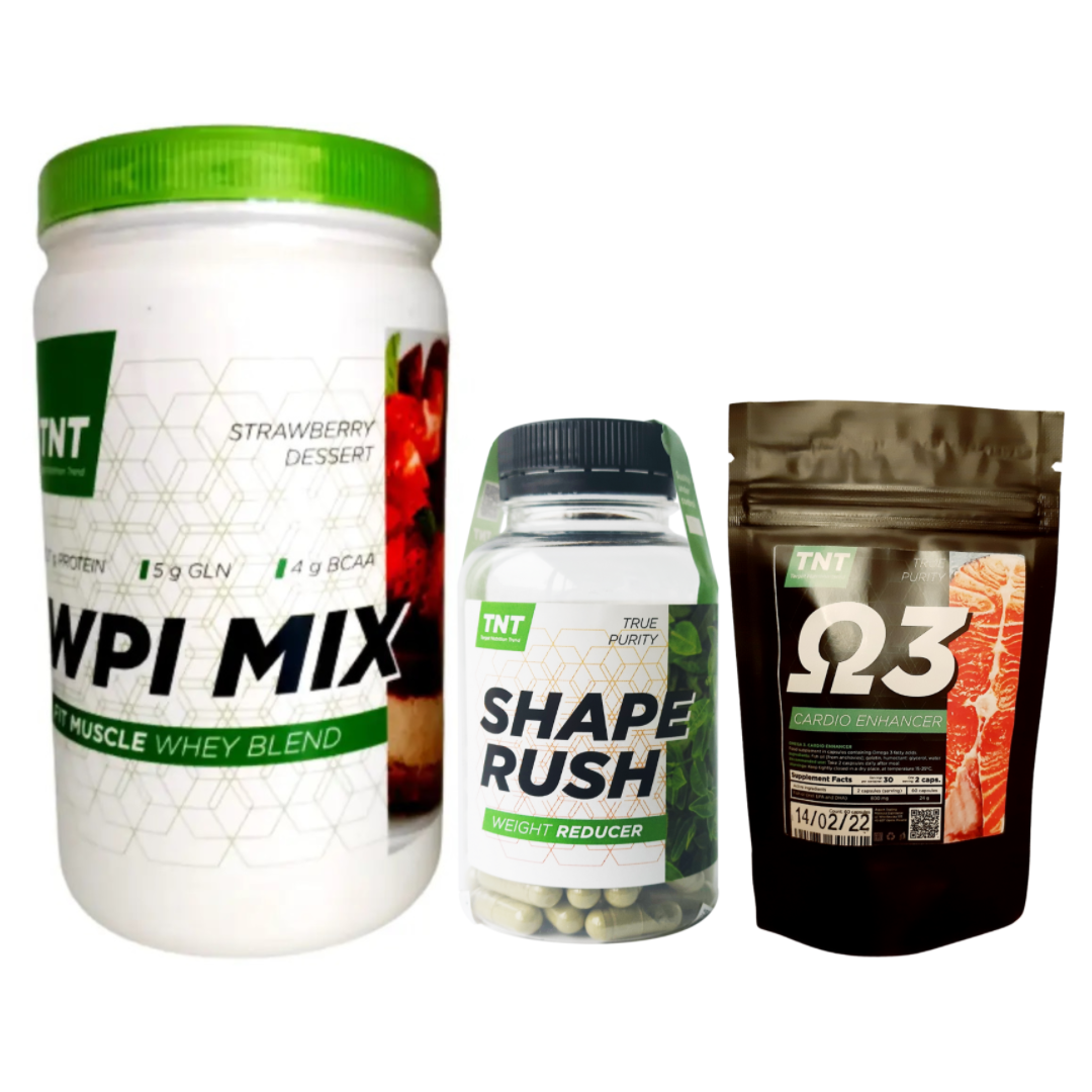 Набір TNT Nutrition Ізолят WPI MIX 0.9 кг Полуниця, Жироспалювач Shape Rush, Омега 3, фото 1