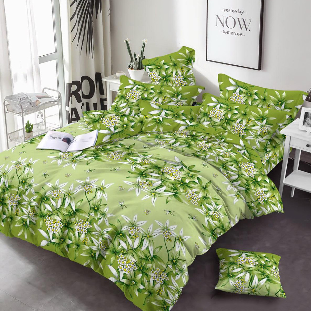 Зелена набивна Бязь Gold Lux 220см з квітковим принтом білі лілії, бавовняна тканина для постільної білизни, у рулоні 50м Пакистан