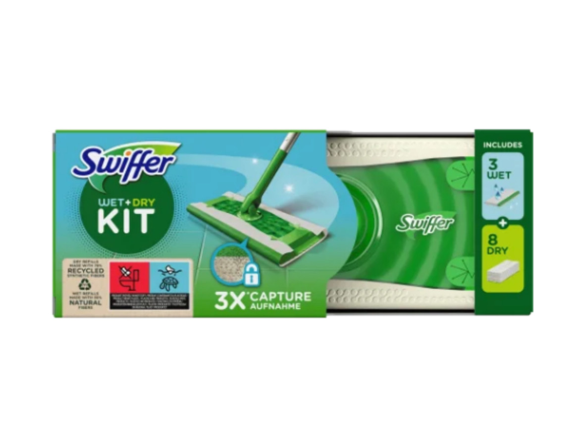 Швабра Swiffer зелена + 3 вологих та 8 сухих серветок, для вологого та сухого прибирання, фото 1