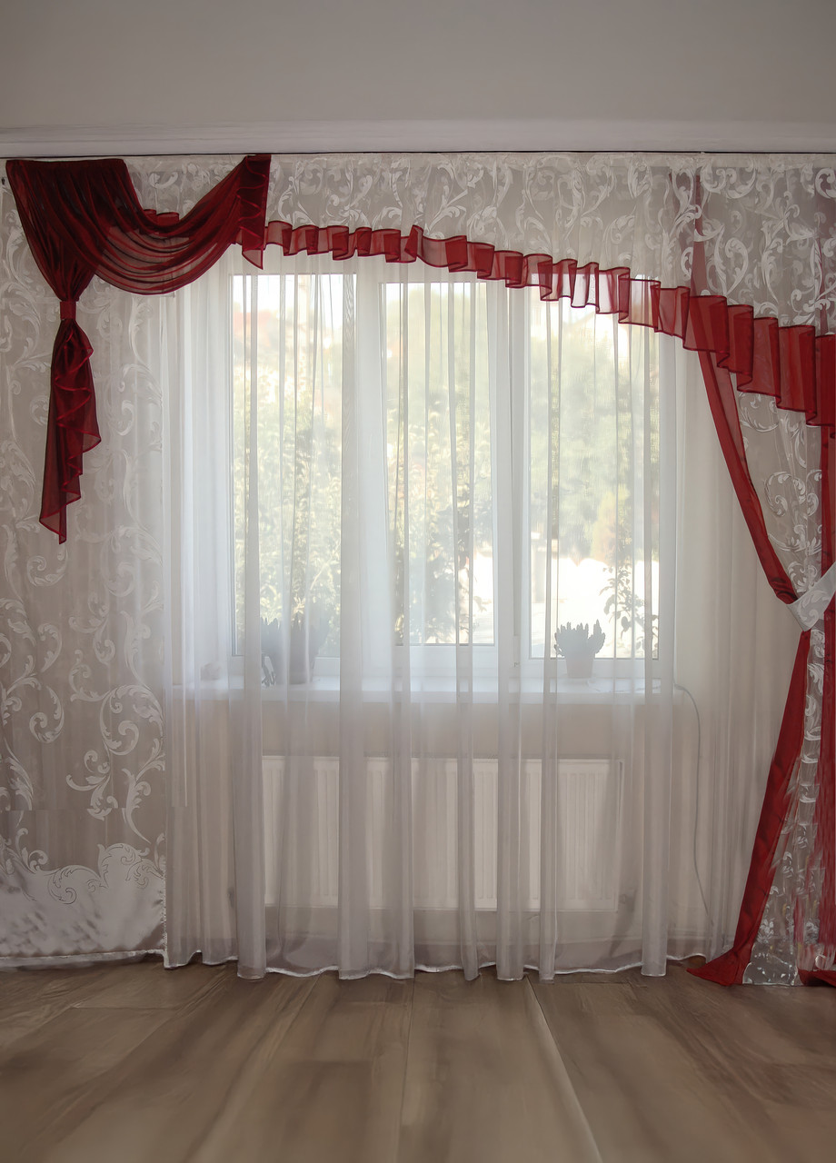 Ламбрекен зі шторами Firanka Асиметрія Органза карниз 300см Бордовий з молочним (40_1_3м), фото 1