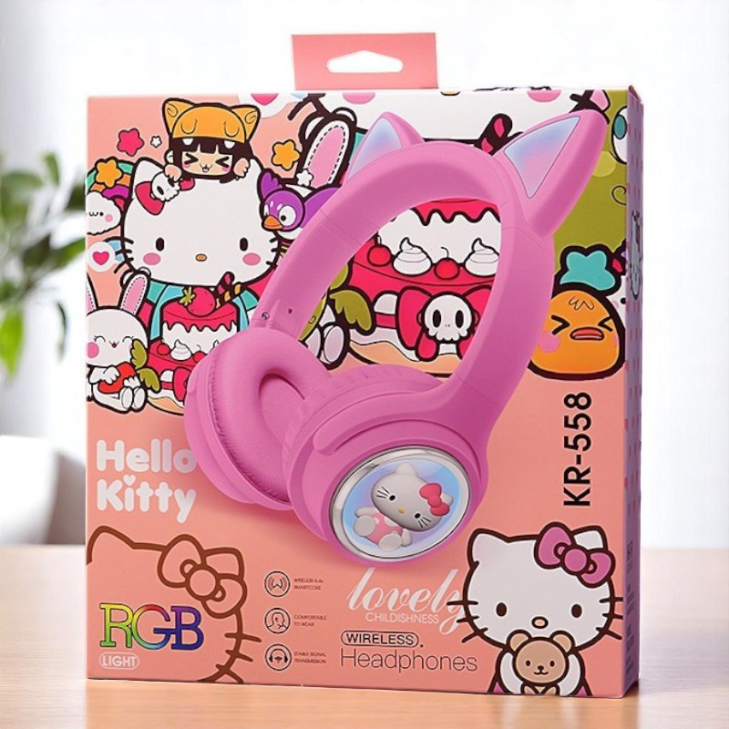 Дитячі бездротові навушники KR-558 Hello Kitty з LED-підсвічуванням, Bluetooth, до 9 годин роботи, рожеві