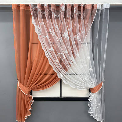 Кухонний комплект (330х170см.) шторки з підв'язками. Колір кораловий з білим. Код 101к 52-1191