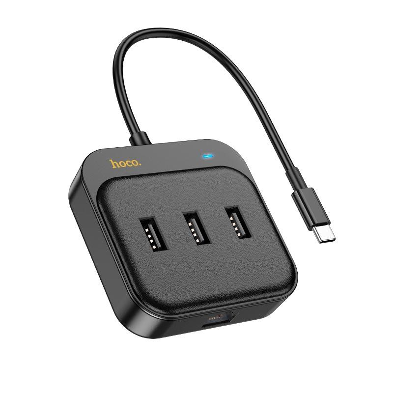 HUB адаптер 4 в 1 Hoco Easy Link HB35 Type-C на 3USB2.0, RJ45, 0.2 м, чорний, фото 1