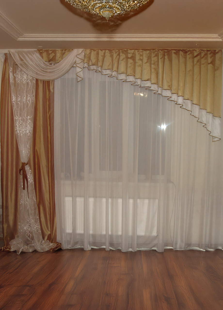 Ламбрекен зі шторою Firanka Асиметрія карниз 300см коричневий з молочним (40_2_3м), фото 1