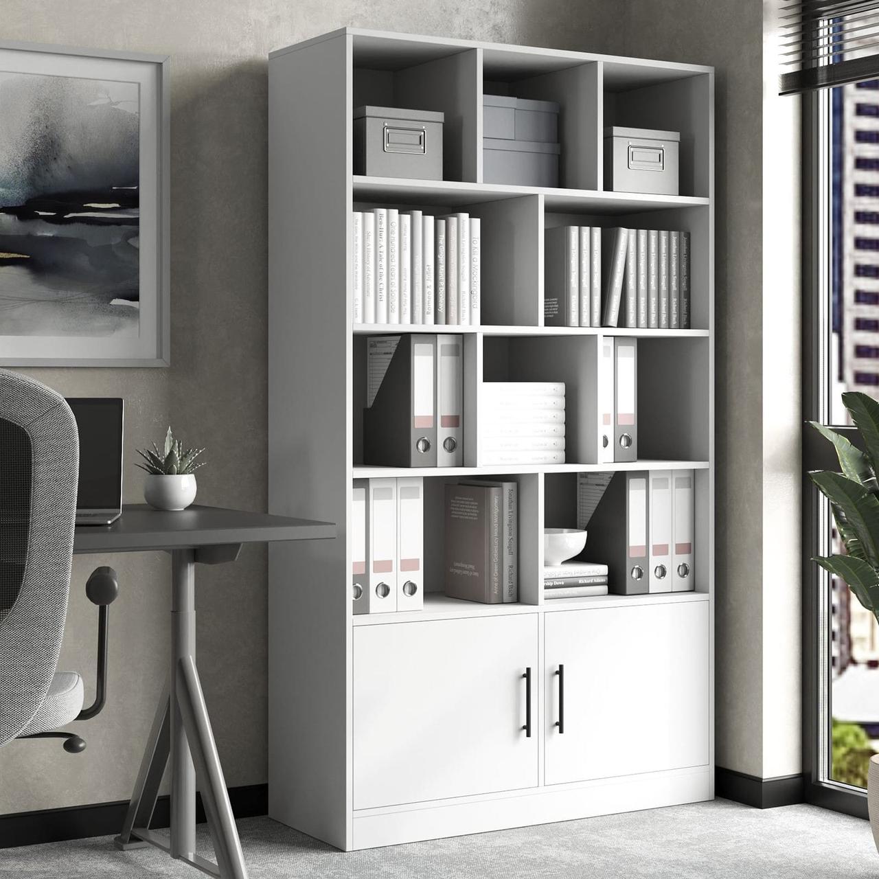 Книжковий стелаж для дому дводверний на 12 комірок з ламінованого ДСП Стильні полиці для книг, фото 1