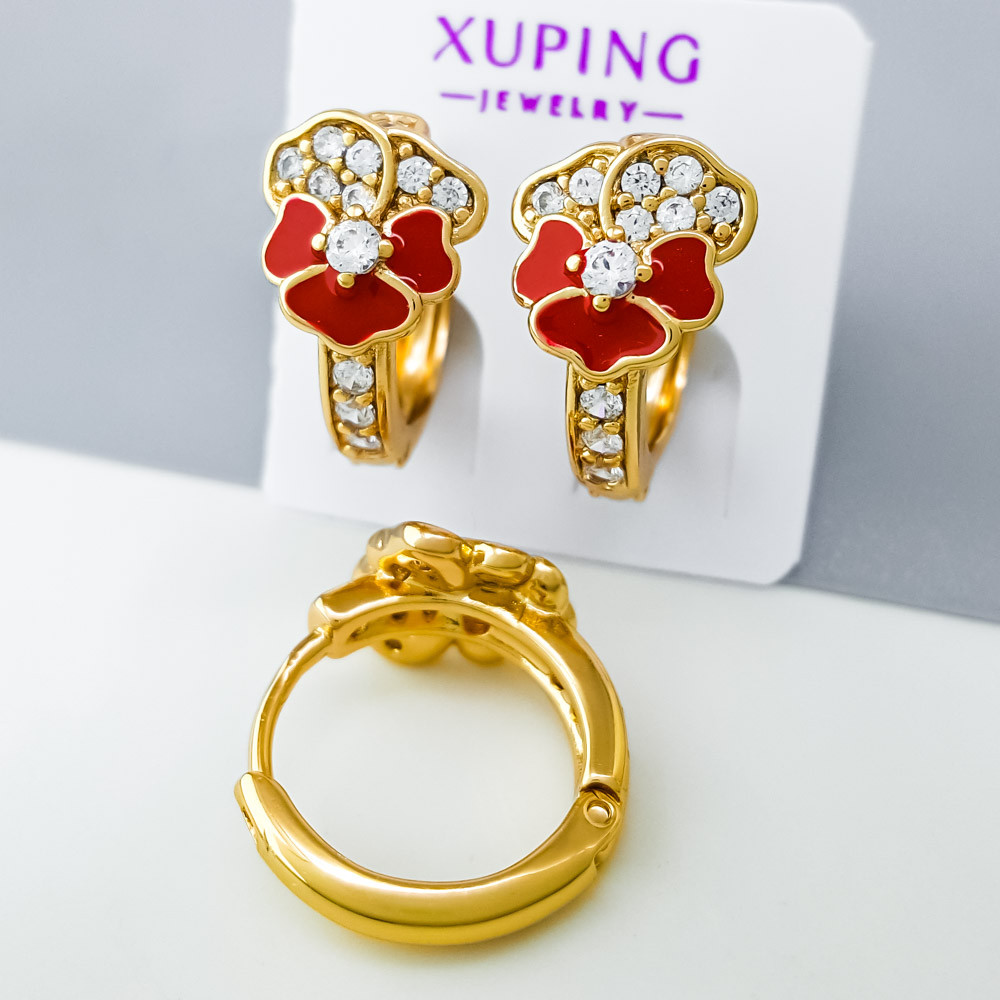 Сережки дитячі, Квіточки з червоною емаллю та камінням, Xuping позолота 18K