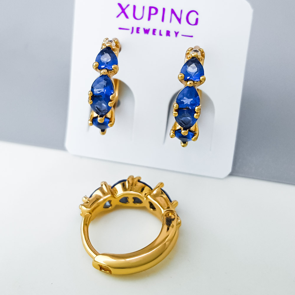 Сережки Доріжка Сердець з синім цирконієм, Xuping позолота 18K