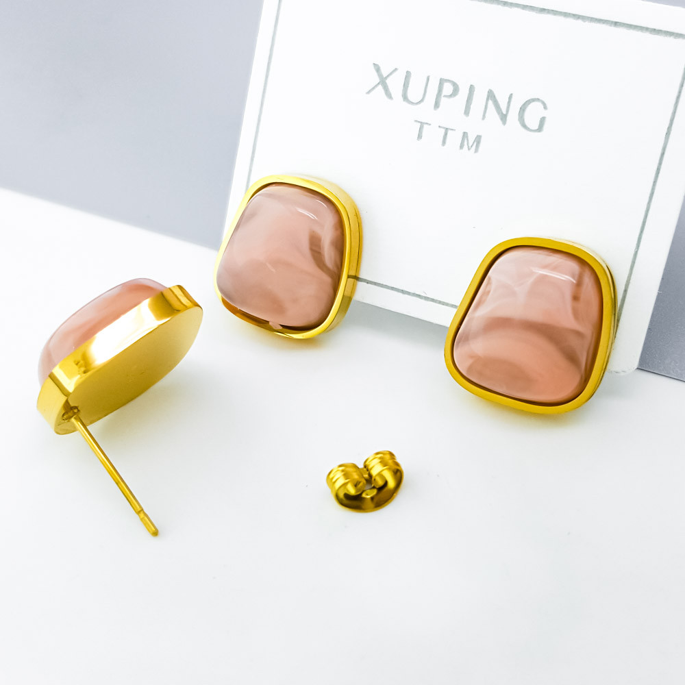 Сережки цвяшки, Квадрат з коричневою вставкою, Xuping позолота 18K, фото 1