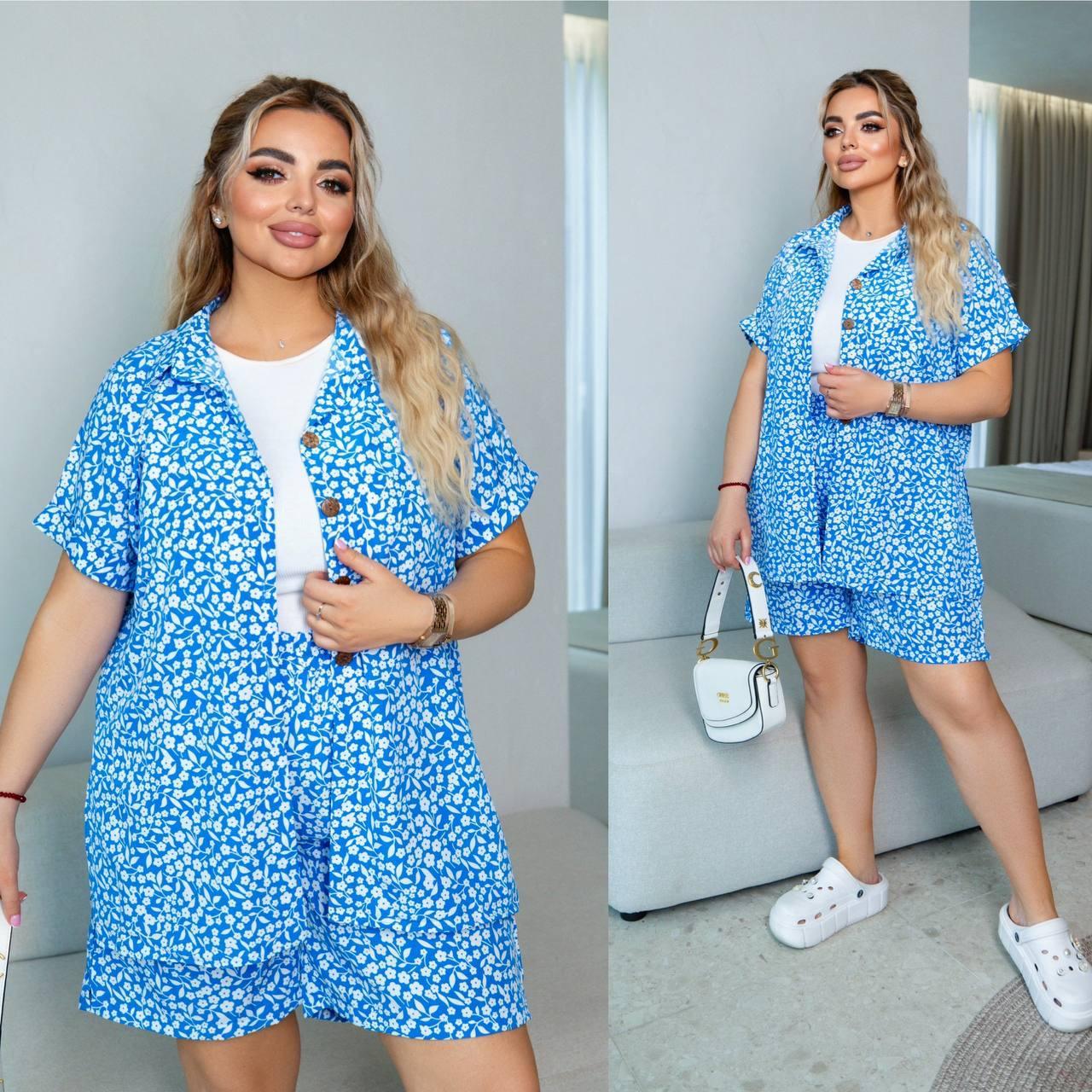 Жіночий літній прогулянковий костюм із софту з принтом сорочка і шорти (Батал), фото 1