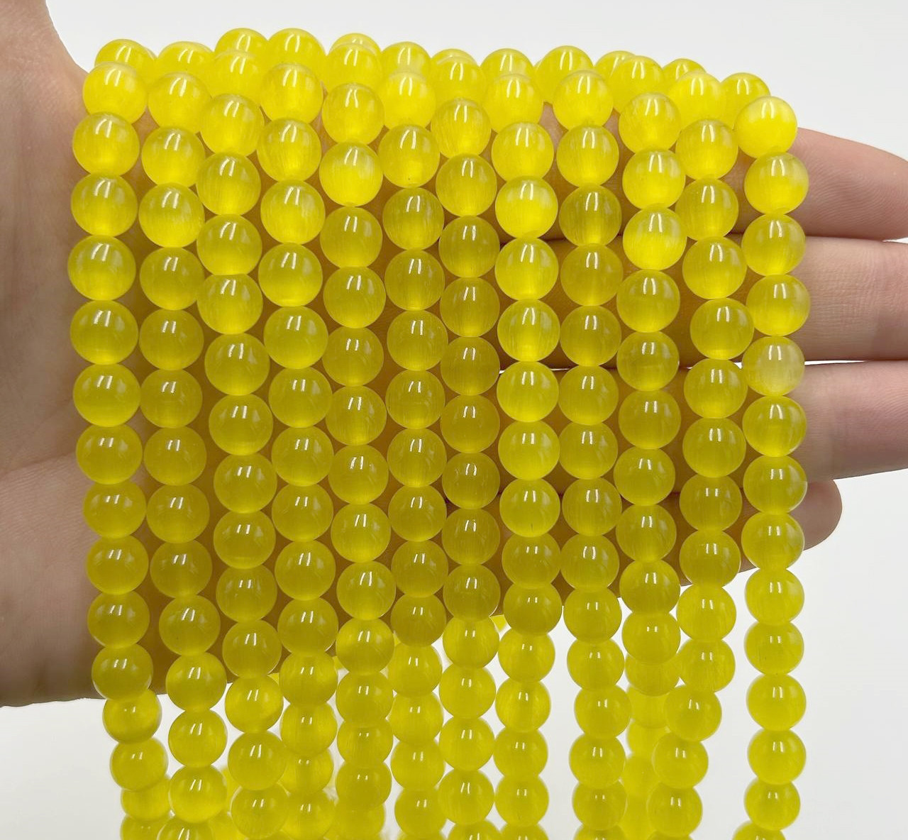 Намистини Котяче око / Ø 8 мм / Нитка ≈ 45 намистин / Жовтий, фото 1