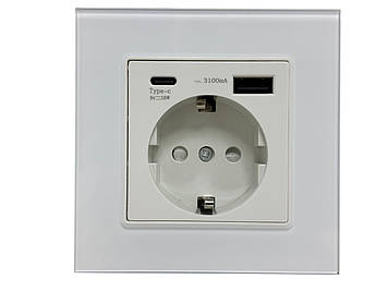 Розетка Delviz з USB-A USB-C, скло, 18 Вт, 3100mA, біла