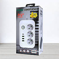 Мережевий фільтр з вимикачем Power Socket F015 на 3 розетки, 3 USB, 1 Type-C, 2500W, довжина 2м