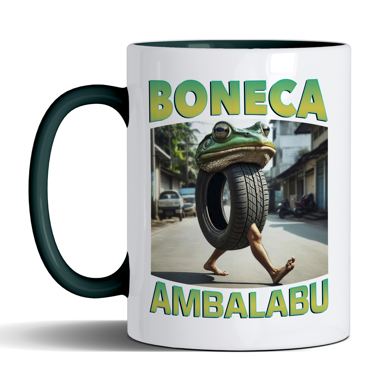 Чашка 330 мл з зеленою ручкою з приколом Boneca Ambalabu/ Бонека Амбалабу, фото 1