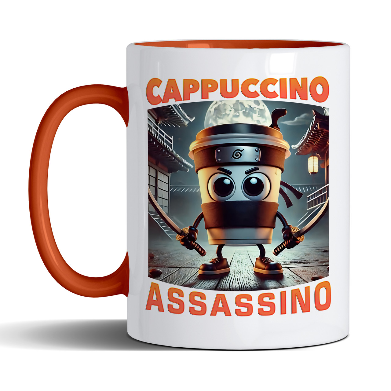 Чашка 330 мл з помаранчевою ручкою з приколом Cappuccino Assassino/ Капучино асасіно, фото 1