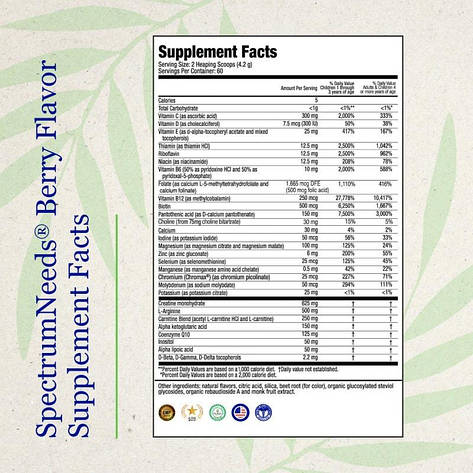 SpectrumNeeds® Berry 9.3oz Коктейль для оптимізації розумової та фізичної працездатності, 252г, строк до 07/2027, фото 2