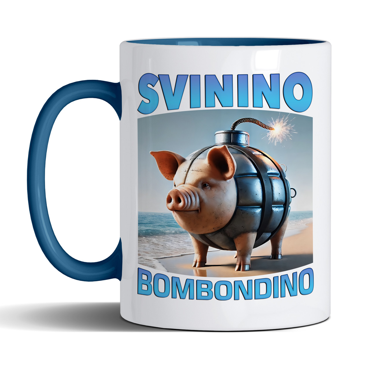 Чашка 330 мл з блакитною ручкою з приколом Svinino Bombodino/ Свініно Бомбодіно, фото 1