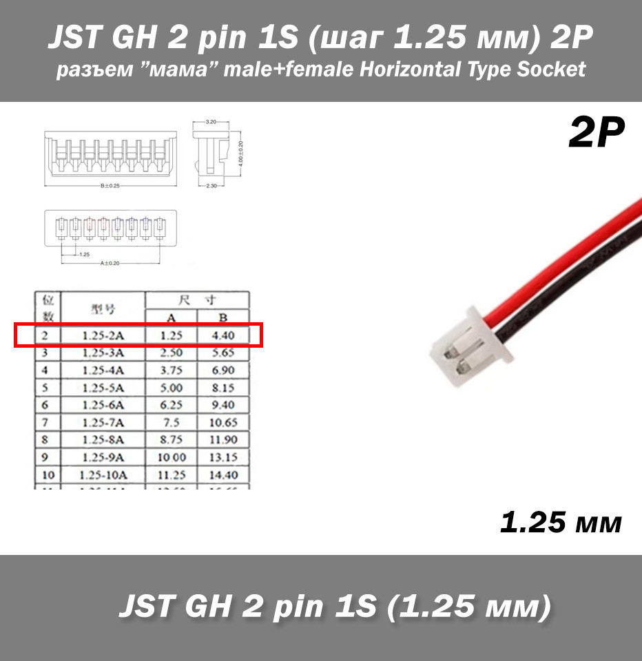 JST-GH 2 pin 1S (крок 1.25 мм) -10 см - роз'єм "мама" female female кабель FPV Drone Molex Picoblade iMAX LiPo балансир, фото 1