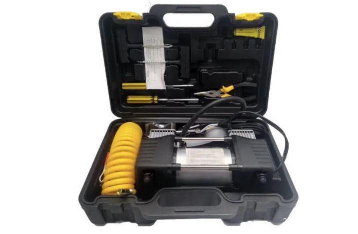Автомобільний компресор air pump 12В мінінасос з набором інструментів PERVOI CTC-1102 в пластиковому кейсі, фото 1