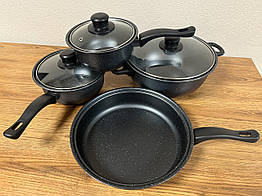 Набір каструль з мармуровим покриттям Hot Chef 7 предметів алюмінієвий сплав і скляні кришки