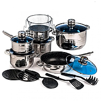 Великий набір кухонного посуду з нержавіючої сталі UNIQUE UN-5039 19 предметів,чотири каструлі, ківш