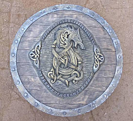 Круглий дерев'яний різьблений щит ручної роботи з гербом дракона, декор у середньовічному стилі