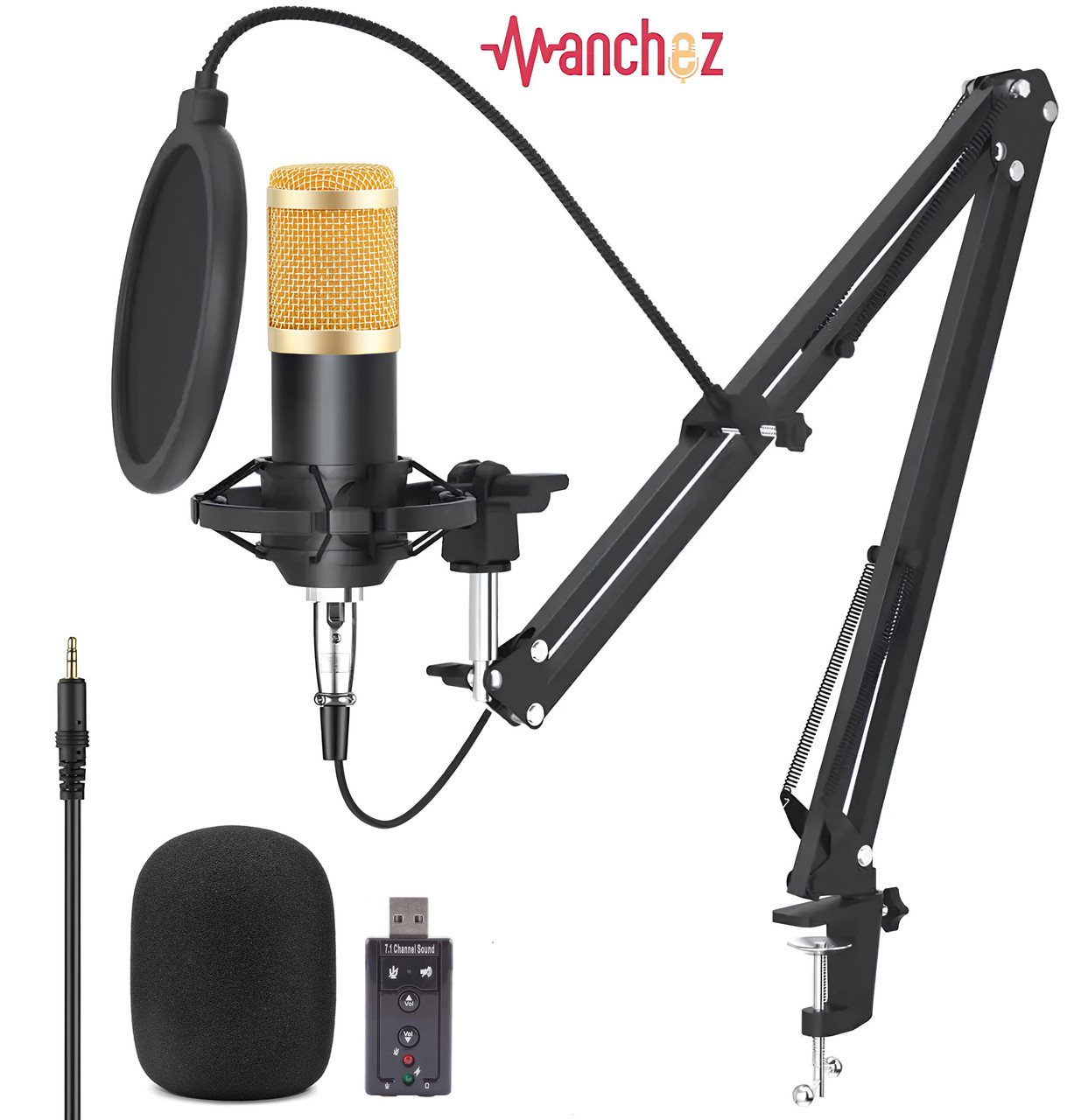 Студійний мікрофон Manchez BM800 (Jack 3.5 мм) зі стійкою пантограф і поп-фільтром Black/Gold, фото 1
