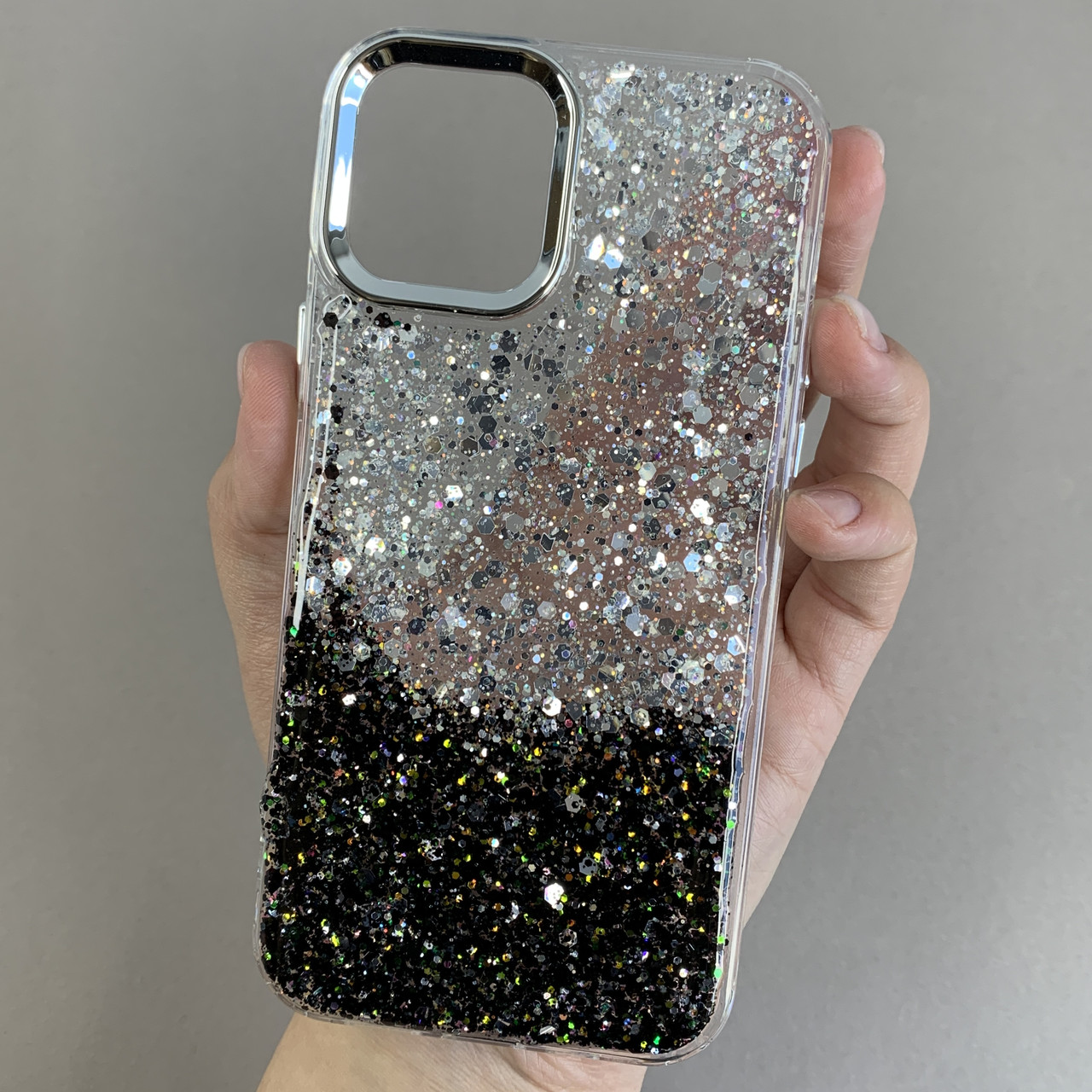 Чохол для iPhone 12 Pro прозорий чохол із чорними блискітками на телефон айфон 12 про q08u