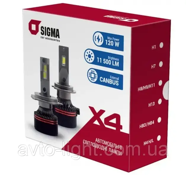 Автомобільні LED лампи Sigma X4 H11/H8/H9 6000K 60W CANBUS 11500 Lm 2шт.