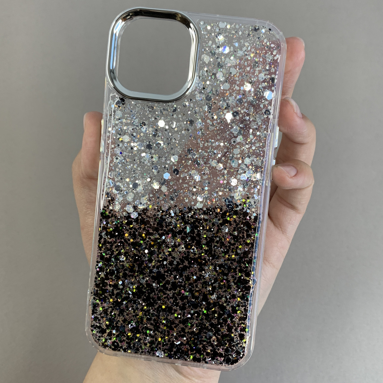 Чохол для iPhone 13 прозорий чохол із чорними блискітками на телефон айфон 13 q08u